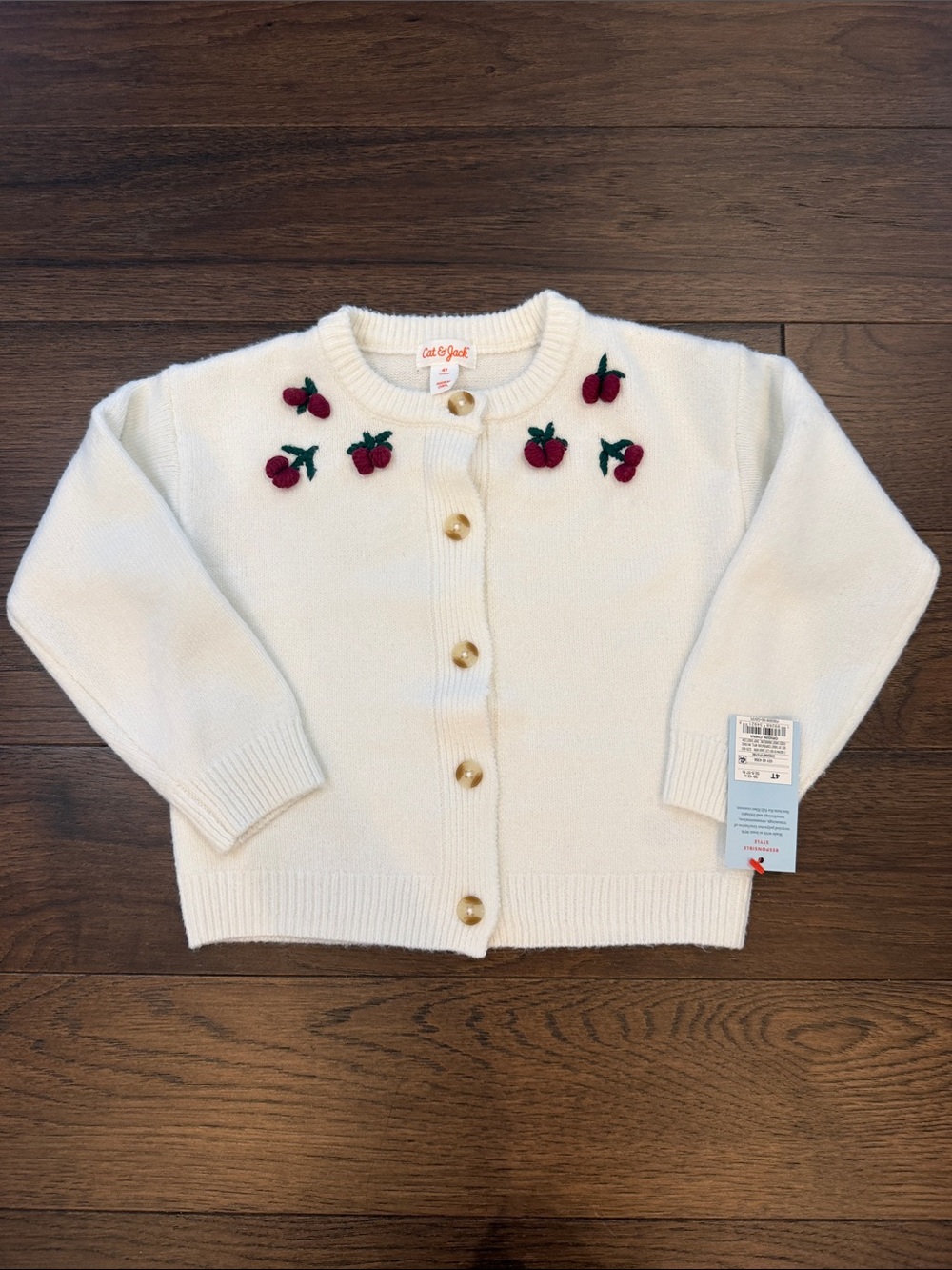 Cat & Jack Cream Knit Cardigan with Cherry Embroidery Size 4T NWT - C1-355